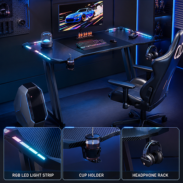 [主图-2] Core function display of gaming desk, highlight LED light strip, cup holder and headphone rack three core selling points. Keep the original desk product unchanged, replace the background with a dark modern e-sports room, change the chair to a matching black e-sports gaming chair. Use split composition, the upper part is the overall scene of the desk, the lower part uses three small picture-in-picture boxes to display the three functions in close-up: 1. Close-up of RGB LED light strip glowing; 2. Close-up of cup holder holding a water cup; 3. Close-up of headphone rack hanging headphones. Each picture-in-picture has an English text label corresponding to the function. Consistent light and style with the first main picture, cool sci-fi e-sports style, product tone unified. 1:1 ratio, 2K resolution, clear text, all English, no extra marketing words, super HD. Negative prompt: deformation, watermark, text confusion, blurred product picture, messy background