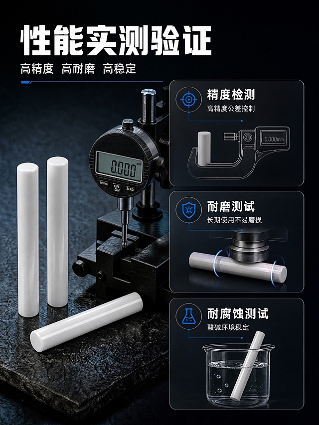 [商品] 使用【图3】陶瓷针规产品图；保留白色氧化锆陶瓷针规、圆柱棒状结构、光滑表面、真实比例；增强陶瓷质感与边缘锐利度。
[画面] 目标：精度性能测试，可视化验证产品核心性能。构图：左右分栏，左侧针规主体+测量仪器示意，右侧3项性能测试卡片纵向排列；产品占画面约40%；深色工业背景，测试区用半透明深色卡片承载。阅读动线从左产品到右测试项。
[视觉] 套系策略：风格=高端工业精密商业摄影风；标题字=粗黑无衬线工业字体；正文字=简洁无衬线体；主色=深炭黑+陶瓷白；背景延展=基于深炭黑做深浅层级渐变、颗粒质感、微弱工业蓝光晕；强调色=科技蓝，仅用于小面积图标、引线、标签和局部光效；标题色=纯白；正文色=浅银灰；组件=深色半透明信息卡、细蓝线引线、工业风图标；光影=左前侧硬柔光，突出陶瓷白亮质感与测试场景的科技感。
[文字] 顶部主标题「性能实测验证」，副标题「高精度 高耐磨 高稳定」；3项测试分别为：精度检测（高精度公差控制）、耐磨测试（长期使用不易磨损）、耐腐蚀测试（酸碱环境稳定）；每项配测试示意图标+标题+1行说明；全部横向排版。
[规格] 图片比例3:4竖版，分辨率4K，quality=medium，避免变形、错字、文字过小、夸张虚假数据、产品结构失真。