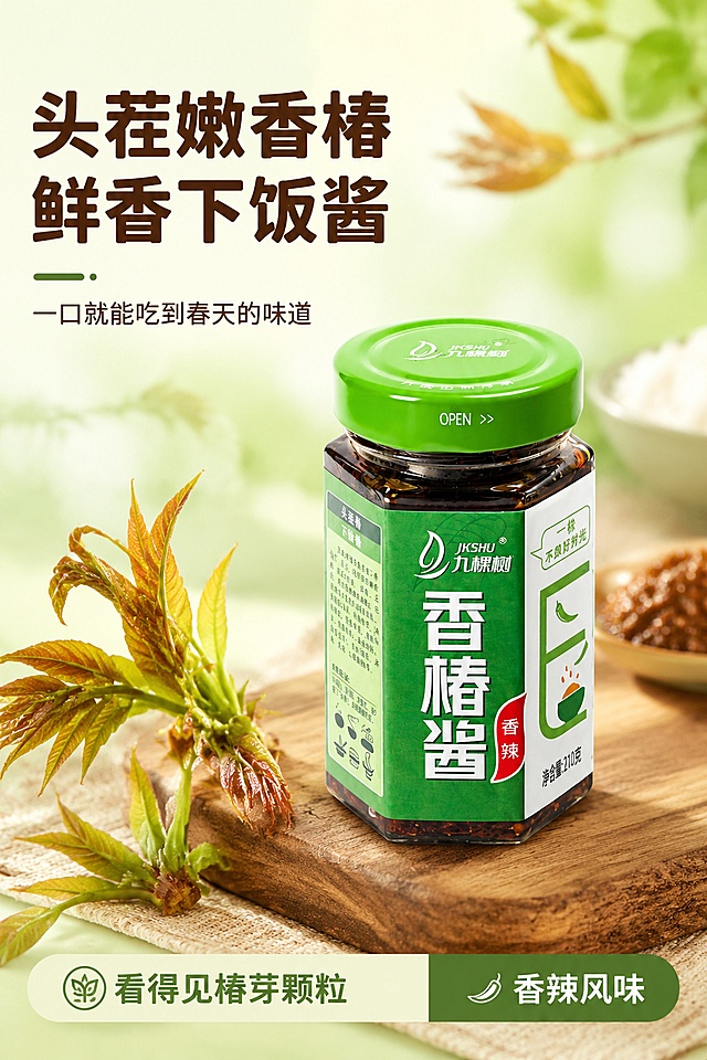 使用商品详情页技能根据商品图「图片1」生成详情页，参考图为，商品名称为xiangchunjiang，卖点为头茬嫩香椿，鲜香不发柴 看得见椿芽颗粒，用料扎实不虚标 拌饭拌面夹馒头，下饭超开胃 高温锁鲜灌装，存放更省心 农家家常风味，配料干净吃得安心 百搭调味酱，多种吃法随心做 四季尝春，随时吃上香椿味，适配平台为淘宝/天猫，图片比例为2:3，需求屏数为7张，