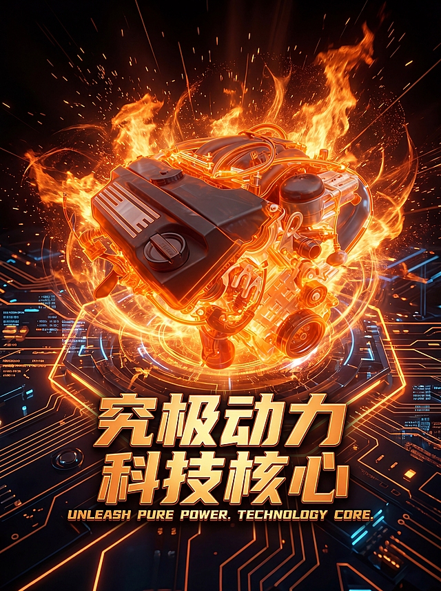 赛博朋克风3D引擎燃烧，霓虹粒子环绕，金属质感十足，科技与火焰交织，展现极致动力与未来冲击感。