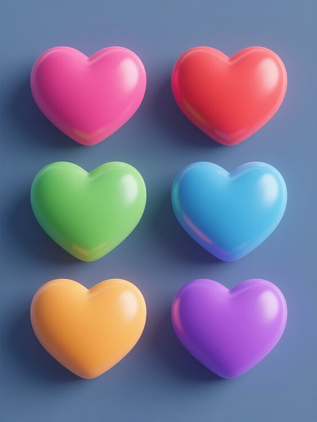 3D风格，六个不同颜色的心形素材规整排布，整体造型简约现代，纯色背景，无任何文字，无logo，无水印，心形具有光滑的3D表面质感，色彩鲜明饱满，光线柔和均匀，阴影细腻自然，构图平衡对称，视觉效果简洁明快。