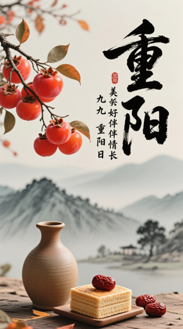 右侧“重阳”书法字体和“九九重阳日 美好伴情长”，左侧枝头挂满的红柿子，色泽鲜艳，下方的陶制酒壶和摆放着红枣的方形糕点，背景是水墨远山。预览效果