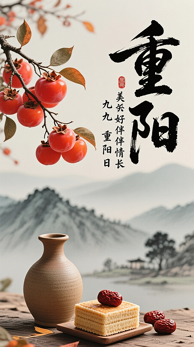 右侧“重阳”书法字体和“九九重阳日 美好伴情长”，左侧枝头挂满的红柿子，色泽鲜艳，下方的陶制酒壶和摆放着红枣的方形糕点，背景是水墨远山。