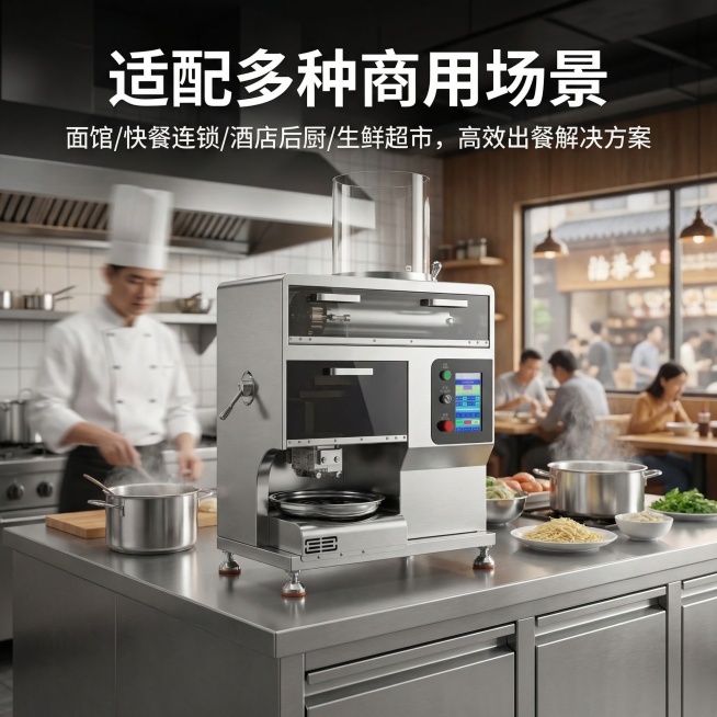 1:1竖版电商主图，严格还原欧信智能面条机产品图，保持在场景中的比例与质感完全一致。主标题：适配多种商用场景，副标题：面馆/快餐连锁/酒店后厨/生鲜超市，高效出餐解决方案。布局：产品置于面馆后厨场景中预览效果