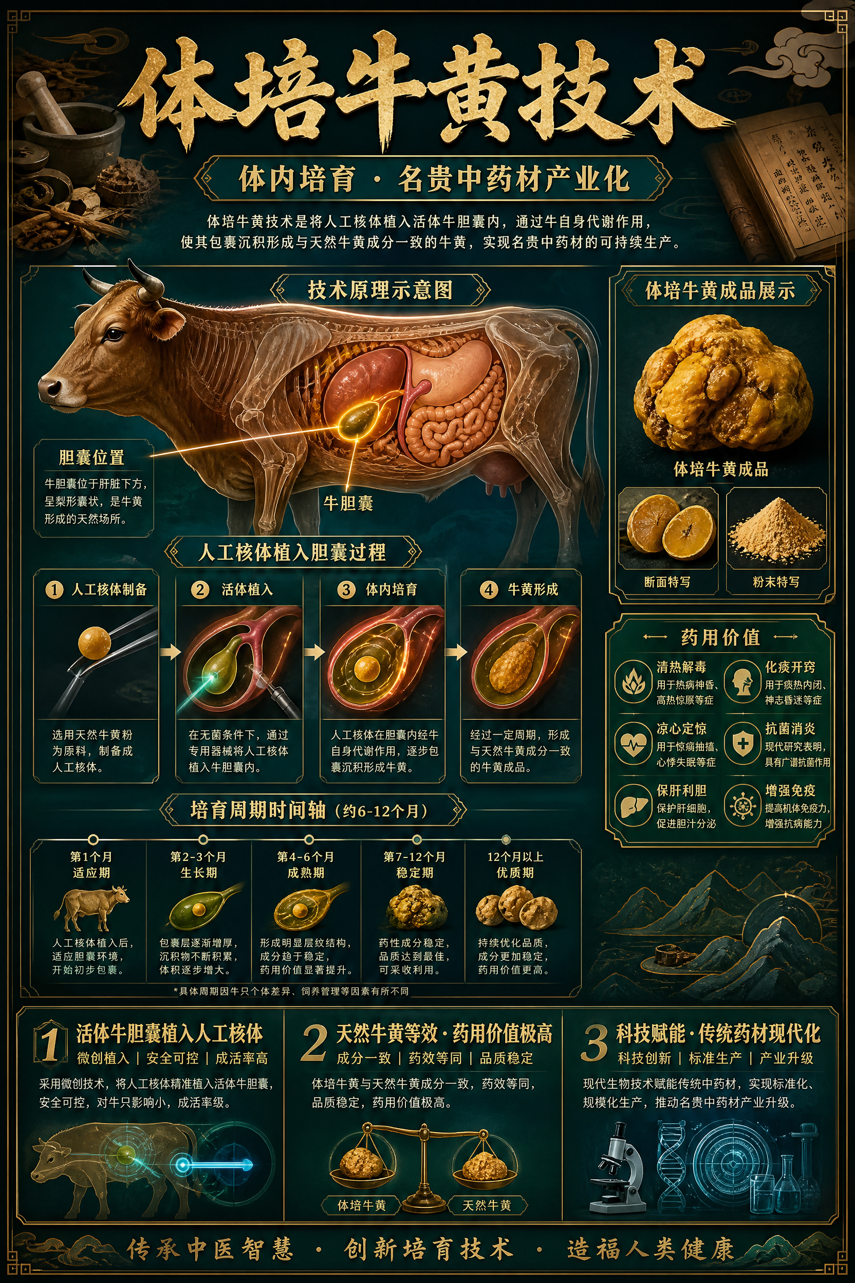 体培牛黄技术主题墙绘海报，竖版构图，中医药科技融合风格。画面中… - 图片创意预览