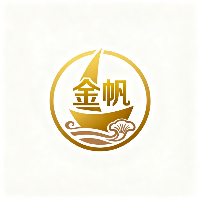 圆形金帆品牌LOGO设计，主色调为金色。LOGO中包含帆船和灵芝元素，融合设计在一起。正中心包含金色的两个字“金帆”，字体为现代简约无衬线风格，结构平衡清晰易读。整体为圆形构图，金色为主调，搭配浅棕色预览效果