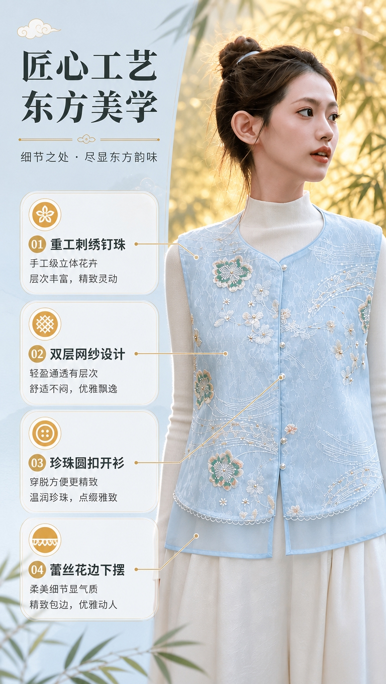 [商品] 使用【图3】模特穿着的浅蓝色新中式刺绣马甲；保留圆领… - 图片创意预览