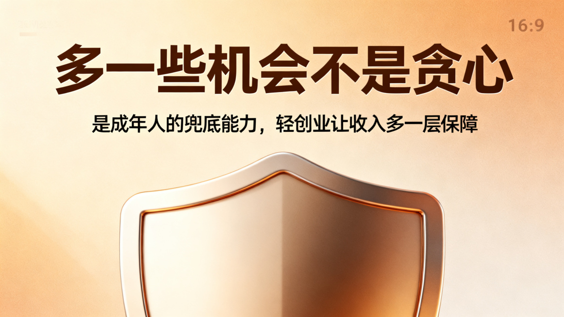 轻创业保障主题海报，主标题'多一些机会不是贪心'，副标题'是成年人的兜底能力，轻创业让收入多一层保障'，主副标题分明，背景是温暖有安全感的渐变色背景搭配安全盾牌元素，整体风格稳重温暖，尺寸比例16:9预览效果