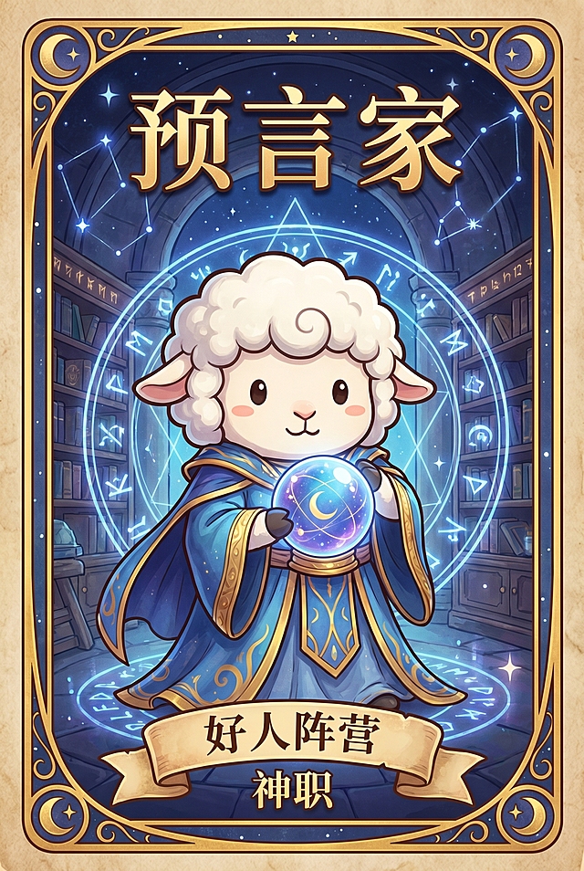 狼人杀预言家角色卡牌，预言家是好人阵营，设计为参考图中的卡通羊形象，卡牌风格精美，带有角色名称文字"预言家"