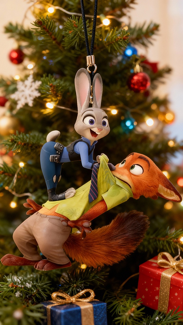 软3D风卡通挂饰，重拟物质感呈现兔警官与狐狸的趣味互动，喜庆圣诞树背景烘托温馨节日氛围。