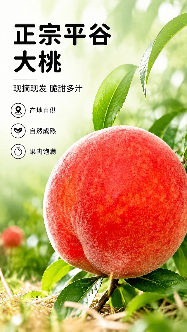 [第1屏] 详情页头图，正宗平谷大桃宣传海报。本屏使用【图2】作为商品主体。
[氛围/风格] 简单淳朴风，真实果园氛围，自然鲜活商业摄影质感，突出新鲜。
[元素布局] 桃子置于画面右侧偏中，占画面约70%，保留桃子圆润饱满的外形与红粉渐变的果皮质感，与输入产品图一致。左侧留白放置文案，背景为虚化的绿色桃树叶，前景放置少许草地元素，层次分明。
[光影质感] 上午自然光，上方柔和打光，桃子下方保留自然阴影，果皮保留清晰高光，整体明亮通透，突出新鲜多汁的质感。
[配色色系] 全局底色 #F2F9F0；主色桃子红粉色，辅助色自然绿色叶片，浅米棕色草地。
[视角构图] 正面平视，桃子为绝对视觉中心，阅读动线左侧标题 → 右侧产品 → 底部信息，景深自然。
[文字版式] 版式为左文右图，圆角黑色字体，全套统一。主标题「正宗平谷大桃」，副标题「现摘现发 脆甜多汁」，两行左对齐；下方三个信息点依次为「产地直供」「自然成熟」「果肉饱满」，文字均不遮挡桃子主体。
[比例分辨率] 9:16 竖版比例，4K分辨率，文字清晰可辨，高清画质。
[负向提示词] 桃子变形，颜色偏差，缺件错件，文字错乱，水印，文字过小，背景杂乱