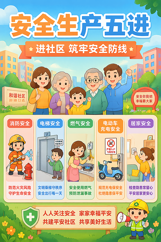 卡通风格安全生产五进进社区宣传海报，主标题"安全生产五进"，副标题"进社区 筑牢安全防线"，卖点标签依次为"消防安全"、"电梯安全"、"燃气安全"、"电动车充电安全"、"居家安全"，整体为明亮活泼的卡通插画风格，绘制简约卡通社区建筑、居民、消防栓、电梯、电动车等相关安全元素，所有文字清晰工整排版，保持2:3竖版比例，风格简约主题明确，卡通可爱温馨