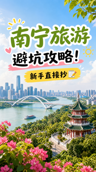 小红书封面图，标题文字"南宁旅游避坑攻略！新手直接抄📝"，清新治愈的南宁城市风光背景，包含青秀山邕江美景，温暖明亮色调，适合新媒体图文封面，排版简洁醒目预览效果