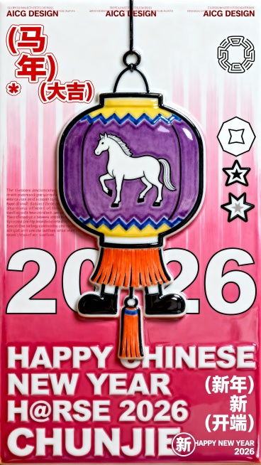 画面中央的主体是一个垂着流苏的拟人的灯笼角色（主体为紫色，上面印着白色马的剪影，灯笼底部流苏由橘色和黄色组成，边缘有一圈蓝色的锯齿状线条装饰，黑色的手）。画面右侧点缀着一些图形元素，包括一个白色的六角预览效果