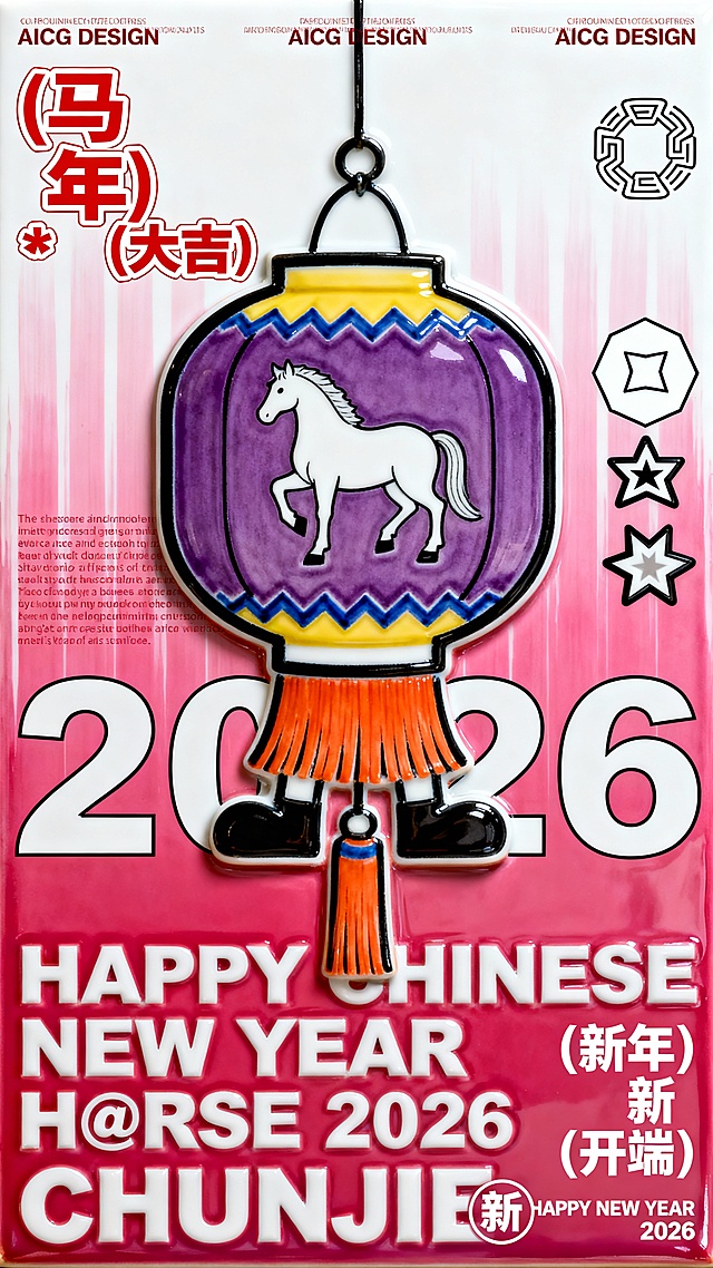 画面中央的主体是一个垂着流苏的拟人的灯笼角色（主体为紫色，上面印着白色马的剪影，灯笼底部流苏由橘色和黄色组成，边缘有一圈蓝色的锯齿状线条装饰，黑色的手）。画面右侧点缀着一些图形元素，包括一个白色的六角形符号、一个像回纹针一样的环形图标以及两个并排的四角星符号。画面底部占据近三分之一高度的是巨大的白色加粗无衬线英文字体，分为三行排列，分别是 “HAPPY CHINESE NEW YEAR”、“H@RSE 2026” 以及 “CHUNJIE”。画面左上角垂直排列着红色的汉字文案 “(马年) * (大吉)”。画面右下角有横向排列的白色文字 “(新年) 新 (开端)”，其中中间的 “新” 字被一个圆圈包围，右侧还带有 “HAPPY NEW YEAR 2026” 的小字。画面顶部有三列精细的英文排版，包含 “AICG DESIGN”、“Good luck Good health Good cheer”、“@2026” 等细节文字。画面中部左侧有一段长篇的英文介绍，背景中还隐约衬托着巨大的、仅有轮廓线的数字 “2026”。背景是一个从顶部的白色向底部的玫红色平滑过渡的竖向渐变色块。整体构图呈现出一种极简且富有高级感的节日海报布局