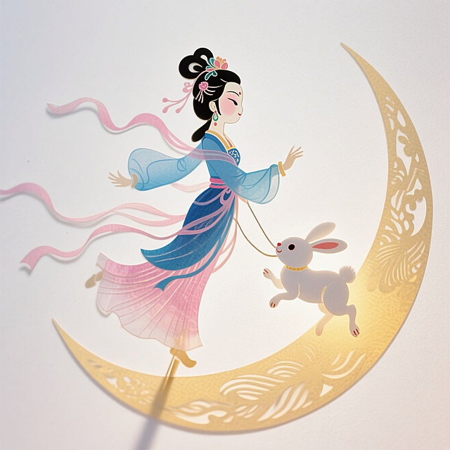 Q版动漫，纯白底上的素材：一个蓝粉配色的嫦娥飞天的全身，旁边是一只白色的玉兔，带有互动性的嫦娥奔月