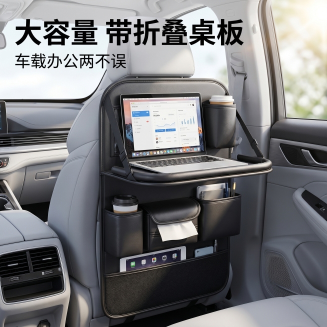 [主图 1]车载真皮座椅后背收纳袋首图，展示折叠桌板打开后的实用场景。氛围风格：实用大气车载家居办公风格，拼多多风格直白吸睛。画质：商业摄影质感、光线柔和通透、产品清晰真实、画面干净高级。元素：黑色纳预览效果