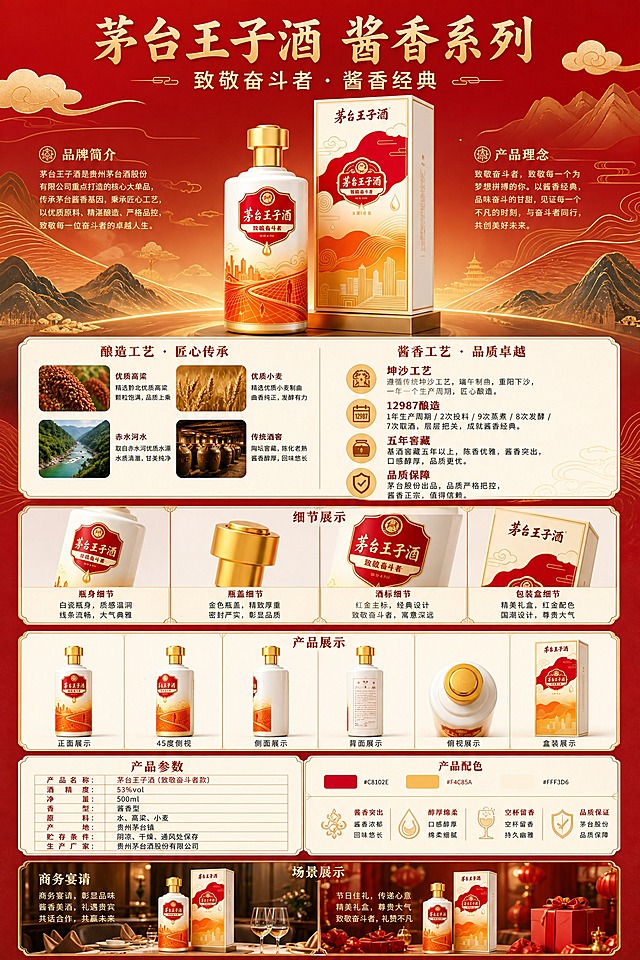 参考第一张展板的版式骨架（多分区信息展板结构：顶部大标题区 + 产品主视觉区 + 设计说明/卖点区 + 产品草图/细节区 + 产品展示区 + 产品参数区 + 场景展示区），将内容替换为茅台王子酒酱香系列白酒展板。

【产品锁死】茅台王子酒（致敬奋斗者款）100% 还原上传商品图的产品外形、包装、LOGO、印刷文字、净含量，以上传图为唯一商品主体来源，完整保留原图中的瓶型、盒型、轮廓、结构、比例、金色瓶盖、标签版式、品牌logo、红色主标、金色城市线条图案、材质质感、颜色与正面朝向，包装、配色、产品结构、瓶身造型与标签布局均与上传图保持一致；正面朝向以品牌与标签主要信息清晰可读为准。设计仅作用于背景、光影、道具、版式和文字区；商品主体占比适中，文字不遮挡主体。

【版式骨架复刻】保留参考图的多分区信息展板结构，自上而下分为：
1. 顶部主标题区：大标题"茅台王子酒 酱香系列"，副标题"致敬奋斗者 · 酱香经典"，背景为新中式红金渐变，搭配祥云、山水线条等国潮装饰元素
2. 产品主视觉区：中央展示茅台王子酒瓶+包装盒组合，左右两侧为品牌简介与产品理念文字
3. 工艺介绍区（对应参考图设计说明区）：左侧配4张小图（高粱、小麦、赤水、酒窖），右侧文字介绍坤沙工艺、12987酿造、五年窖藏等卖点
4. 细节展示区：展示瓶身细节、瓶盖细节、酒标细节、包装盒细节，4张细节图并排
5. 产品展示区：多角度产品展示，正面、45度侧视、俯视等角度陈列
6. 产品参数区 + 产品配色区：左侧参数表格，列出酒精度"53%vol"、净含量"500ml"、香型"酱香型"、原料"水、高粱、小麦"、产地"贵州茅台镇"；右侧产品配色展示红金配色色卡与核心卖点图标
7. 场景展示区：底部两张场景图，分别为商务宴请场景、节日礼赠场景

【配色】红金为主色调，深红+金色+米白，高端大气新中式国潮风格
【风格】写实商业摄影 + 新中式国潮设计，精致高端，适合线下A3展板展示
【文字】所有文字均为中文，字体端庄大气，主标题醒目，信息层级分明
【内容填充】画面中所有信息区域、参数表格、卖点列表、细节说明区等必须填充完整合理的内容，不得出现空白框、空白占位、横线待填写区域、空列表项、空单元格；确保是完整可用的成品展板而非待填写模板
【比例】A3竖版 2:3比例