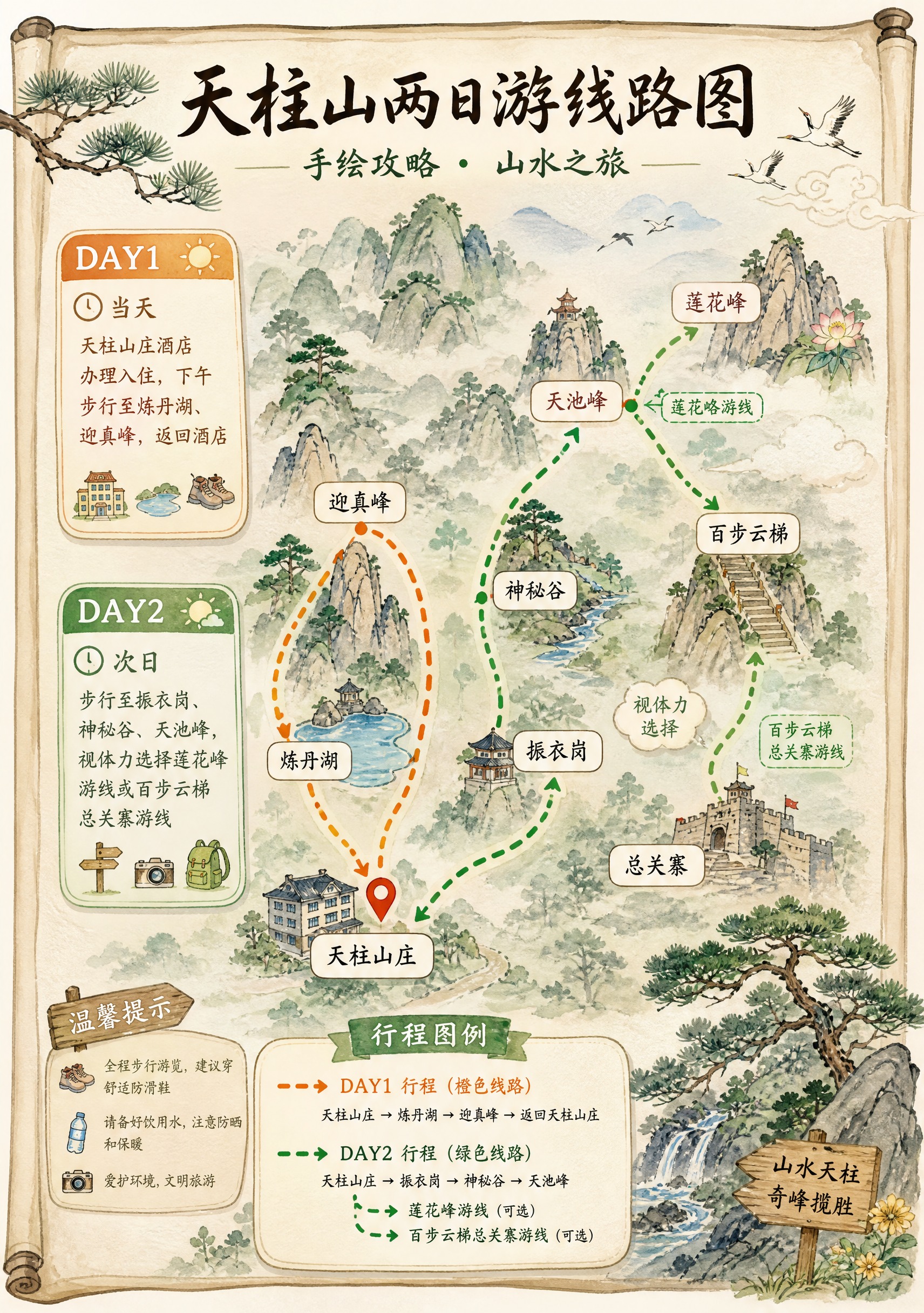 根据图1《天柱山导游全景图》的地理信息，创作一张水彩手绘插画风… - 图片创意预览