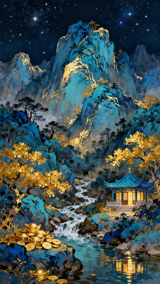 中式古典山水，鎏金点缀山峦，夜空繁星闪烁，亭台临水而立，金锭堆叠，光影流转，虚实相生，工笔与插画融合，静谧奢华中透出梦幻唯美感。