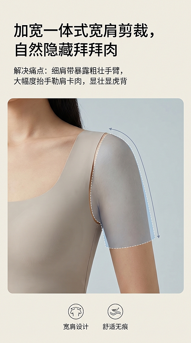 「图片1」，生成详情页，商品名称为无袖瑜伽背心女露脐短款宽松运动罩衫外穿轻薄透气休闲瑜伽服，适配淘宝/天猫平台，单图比例为9:16，需求屏数为8张。BUBLELAND 圆领宽肩短款运动无袖背心｜抖音全详情上架文案
面料参数：锦纶 78% + 氨纶 22%
现货四色：奶黄、香芋紫、浅天蓝、纯净白
风格调性：极简都市轻运动，低饱和柔和色系，短句分段适配手机竖屏浏览，全程规避极限宣传词
板块 1｜产品名称・3 版引流大标题（覆盖抖音搜索热词）
爆款综合引流款
宽肩圆领短款运动背心女 锦纶高弹速干瑜伽无袖上衣 小个子遮肉健身外穿吊带
通勤休闲流量款
纯色短款宽肩运动背心 遮拜拜肉修身打底 通勤遛娃百搭无袖内搭上衣
运动精准搜索款
高弹裸感宽肩瑜伽背心 普拉提慢跑训练短款上衣 透气不闷汗健身服
板块 2｜核心卖点 & 痛点绑定（5 组硬核卖点，直击穿搭高频痛点）
卖点 1：78% 锦纶 + 22% 高占比氨纶裸感速干面料，高回弹久穿不松垮
痛点：纯棉背心出汗厚重贴身，夏季健身、遛娃久坐闷汗粘皮肤；洗后下摆、领口松弛变形，微胖人群贴身显臃肿
卖点 2：加宽一体式宽肩剪裁，完整包裹上臂，自然隐藏拜拜肉
痛点：细肩带背心暴露粗壮手臂，瑜伽、网球大幅度抬手勒肩卡肉，肩线僵硬显壮显虎背
卖点 3：高腰短款利落衣长，抬高腰线，打造三七分显高比例
痛点：长款直筒背心压小个子身高，宽松无腰线穿出五五分；紧身长款紧贴小腹，赘肉一览无余
卖点 4：适中圆领锁边设计，修饰脖颈线条，日常外穿不易走光
痛点：大 U 领、低领背心通勤、带娃易走光；高领款式闷热显脸圆，廉价领口水洗后垮塌松弛
卖点 5：高色牢哑光染色工艺，反复机洗不易发白、不易勾丝起球
痛点：彩色运动背心水洗一次褪色发灰，背包、健身器械摩擦易起小球，穿两次质感陈旧廉价
板块 3｜适用人群分层
①核心主力人群（成交占比 60%+：25-35 岁精致妈妈、新锐白领）
兼顾上班、带娃、健身多重场景，拒绝只适用于运动的单一功能性服饰；偏爱干净纯色，追求显瘦舒适 + 日常百搭，反感频繁更换穿搭，在意面料闷汗、版型显胖、易变形掉色等问题。
②运动爱好者细分人群
瑜伽 / 普拉提：宽肩无束缚肩线，扭转、平板支撑动作舒展不卡身；
网球 / 慢跑：锦纶导湿透气面料，长时间跑动后背干爽不粘身；
健身房力量训练：短款利落版型，不遮挡腹部、上肢训练动作。
③全身材适配细分人群
梨形身材：上半身收束剪裁视觉上移重心，弱化胯宽、大腿肉量感；
苹果型身材：短款微宽松下摆柔和遮挡腰腹赘肉，不会紧绷勒出游泳圈；
小个子 150-165cm：短款衣长搭配高腰下装，轻松拉长腿部线条不压身高；
上臂有拜拜肉：加宽肩片完整包裹手臂，弱化手臂粗壮视觉效果；
小腹有赘肉：面料弹力柔和不贴肤，平整藏住腹部松弛线条。
④次要人群
18-24 岁学生党：低饱和百搭色系，体育课、校园通勤、操场慢跑均可穿搭；
36 + 轻熟女性：纯净白、浅天蓝、奶黄沉稳柔和色系，弱化少女感，散步、轻运动、日常通勤得体温柔。
板块 4｜四大细分使用场景 + 专属搭配方案
①专业运动场景（瑜伽 / 普拉提 / 网球 / 慢跑 / 健身房）
搭配：同色系高腰瑜伽紧身裤、双层百褶网球短裙，外搭轻薄防晒运动外套
穿搭优势：速干面料全程保持干爽不粘肤，宽肩设计大幅度跑跳、拉伸无拉扯束缚，短款版型不遮挡训练动作。
②职场通勤场景（写字楼办公、午休健身）
搭配：白 / 浅天蓝背心 + 垂感西装阔腿裤、简约半身西装裙，外搭短款针织开衫、轻薄通勤西装
穿搭优势：基础圆领低调得体无暴露感，弱化强烈运动属性，午休无需更换上衣，直接前往健身房。
③日常遛娃逛街休闲场景（带娃、下午茶、短途出行）
搭配：奶黄 / 香芋紫背心 + 垂感阔腿卫裤、牛仔短裤，搭配小白鞋、帆布托特包
穿搭优势：面料柔软亲肤，弯腰抱娃不勒腰腹，短款收腰藏肉显瘦，柔和低饱和色系日常拍照氛围感充足。
④四季内搭场景（换季叠穿、空调房保暖）
春夏直接单穿；秋季内搭风衣、牛仔外套；冬季内搭毛衣、长款羽绒服
穿搭优势：修身但不臃肿，圆领露出柔和领口层次，不会被厚重外套遮盖腰线，四季衣橱不闲置。
板块 5｜详情科普四大知识点（可直接制作详情长图文）
小节 1｜面料工艺科普：锦纶 78%+ 氨纶 22% 黄金配比
锦纶基底优势：高密度哑光针织织造，表层密布透气导湿微孔，汗液快速导出蒸发，实现速干不粘肤；面料耐磨抗造，背包、健身器械反复摩擦不易勾丝起球。
22% 高弹氨纶配比：横向、纵向双向均匀回弹，拉伸后快速复原，久穿领口、下摆不会松垮鼓包，微胖人群久坐无紧绷束缚感。
无感贴身织造：无凸起硬质内里缝线，贴肤无刺痒，长时间运动、通勤穿着无不适感。
哑光消光处理：无廉价亮面反光，低饱和色系柔和高级，日常通勤单穿不会突兀。
小节 2｜人体剪裁工学科普
加宽一体式宽肩片：无生硬分割肩缝，完整包裹上臂赘肉，抬手、举臂全程无紧绷卡肩，修饰溜肩、宽肩。
适中窄圆领设计：领口高度刚好露出锁骨上段，修饰圆脸、短脖颈，兼顾安全感与美感，不会过低走光、过高闷热。
高腰短款标准衣长：衣长落在腰线之上 3cm，两侧轻微向内收束，自然遮挡小腹赘肉，搭配高腰下装直观拉长腿部线条。
无痕包边袖口：平整加宽锁边工艺，多次水洗不易卷边，柔和贴合手臂，不勒肉不磨皮肤。
小节 3｜三套多场景成套穿搭搭配技巧
成套健身穿搭：宽肩短款背心 + 同色系高腰瑜伽裤，整套色彩统一干净，运动舒展、户外健身拍照出片；
通勤轻商务穿搭：纯净白 / 浅天蓝背心 + 垂感西装阔腿裤 + 平底单鞋，外搭薄款小西装，上班得体，午休直接健身；
休闲日常穿搭：奶黄 / 香芋紫背心 + 牛仔短裤 / 垂感阔腿卫裤，搭配棒球帽、小白鞋，遛娃、逛街松弛温柔。
小节 4｜洗护保养小贴士（延长版型与面料使用寿命）
洗涤水温：≤30℃冷水轻柔洗涤，禁止 40℃以上热水长时间浸泡，高温会破坏锦纶速干纤维、加速面料褪色；
洗涤方式：翻面装入洗衣袋机洗，禁止与牛仔、金属拉链等粗糙硬质衣物混洗，避免面料勾丝起球；
晾晒禁忌：阴凉通风处悬挂阴干，严禁阳光长时间暴晒，暴晒会导致面料老化、色彩发灰发白；
防变形保养：清洗完成轻轻抚平领口、下摆再悬挂收纳；长期存放优先悬挂，不要重压折叠堆放，防止下摆变形、领口垮塌。