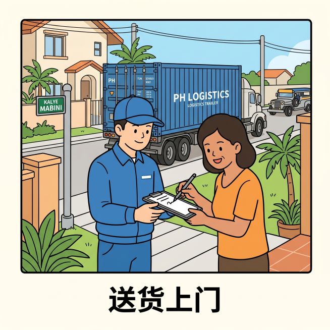 参考图的扁平卡通漫画风格，物流第四步：集装箱拖车将货物送到菲律宾指定地址，客户完成签收，下方配加粗文字"送货上门"，配色明亮简洁预览效果