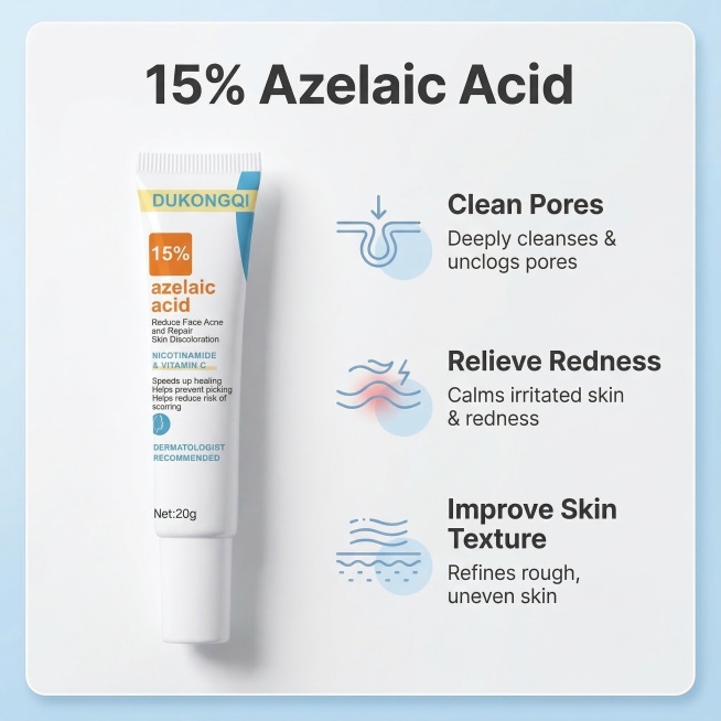 「图片1」1、祛痘霜，英文名Azelaic Acid15%2、主要功效：Cleanse PoresAzelaic Acid SerumRelieve AcneBlackheads & Red预览效果