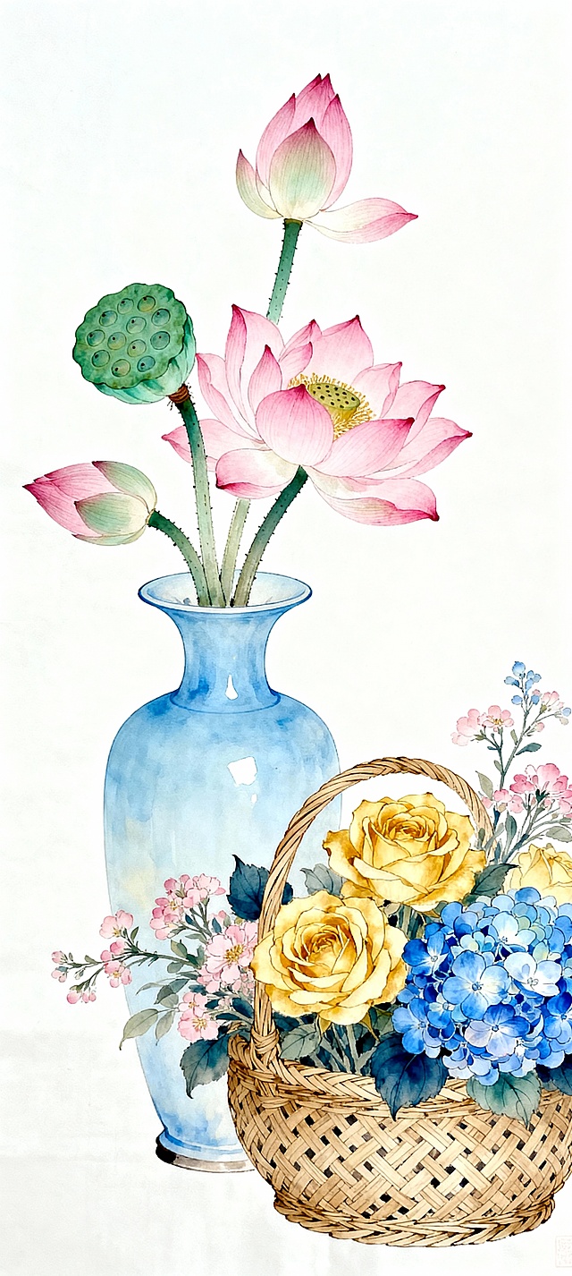 水彩风插画，融合工笔细腻与水墨晕染，荷花清雅绽放于蓝瓷瓶中，搭配藤篮盛花，清新柔和，唯美文艺，尽显夏日诗意。