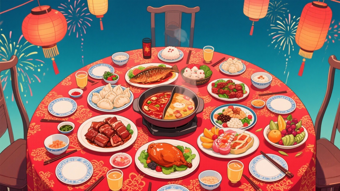 生成一张年夜饭餐桌的图片，元素丰富，色彩鲜艳，漫画风格预览效果