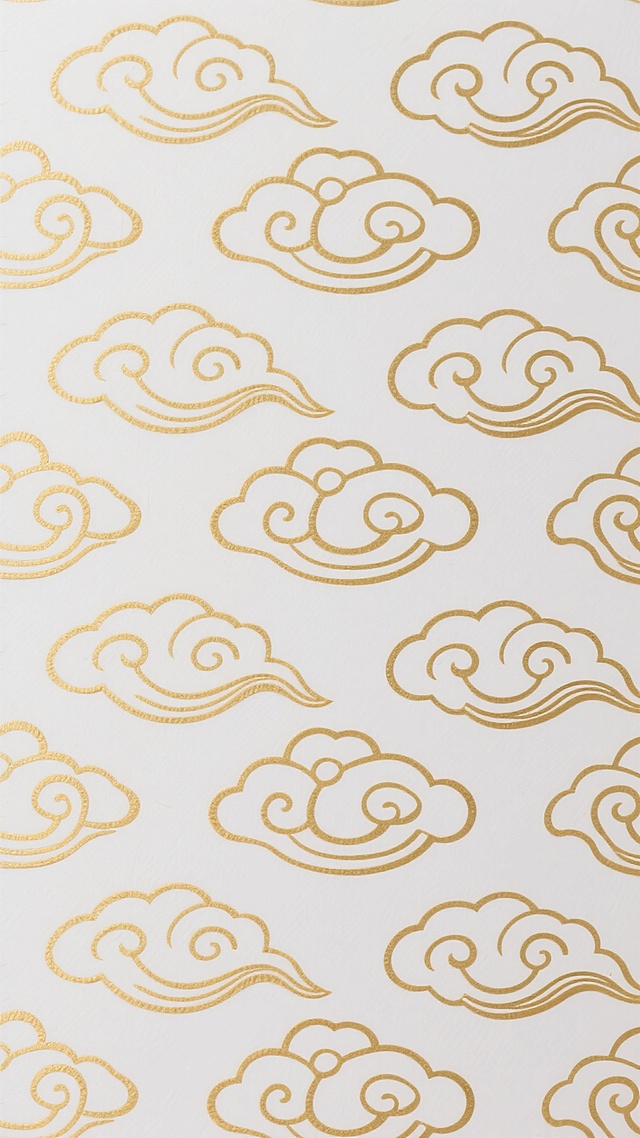 中国传统云纹图案，金色细线条勾勒的如意云纹与卷云纹，以连续重复的方式均匀分布在纯白色背景上，线条流畅圆润，云纹形态饱满富有韵律感，整体呈现出典雅、祥和、具有传统东方美学韵味的无缝背景图案，风格统一，线条简洁明快，适合作为具有古典气质的背景使用。