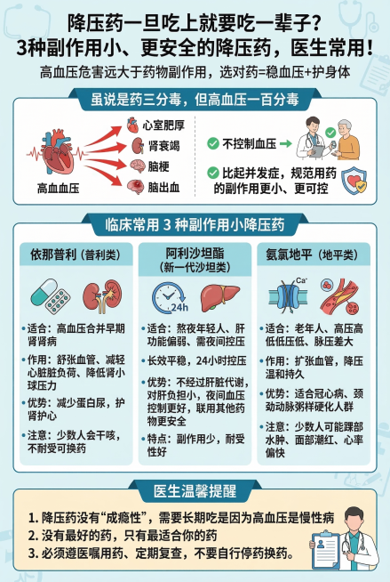 降压药科普信息图，主标题："降压药一旦吃上就要吃一辈子？3种副作用小、更安全的降压药，医生常用！"，副标题："高血压危害远大于药物副作用，选对药=稳血压+护身体"。第一部分："虽说是药三分毒，但高血压预览效果