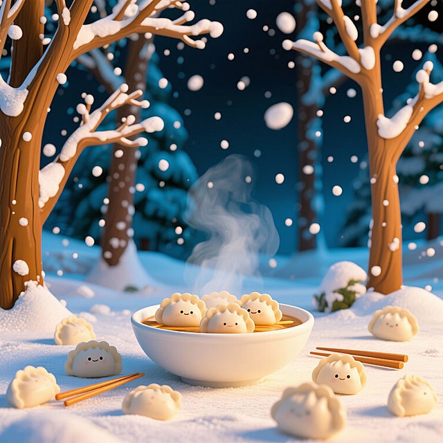 生成冬至主题的图，冬季落雪森林，热乎乎的饺子
