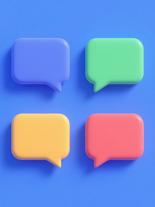 3D风格，4个规整排布的对话框造型素材，分别为不同样式，纯色背景，每个对话框具立体效果，色彩鲜明且协调，呈现专业友好视觉感