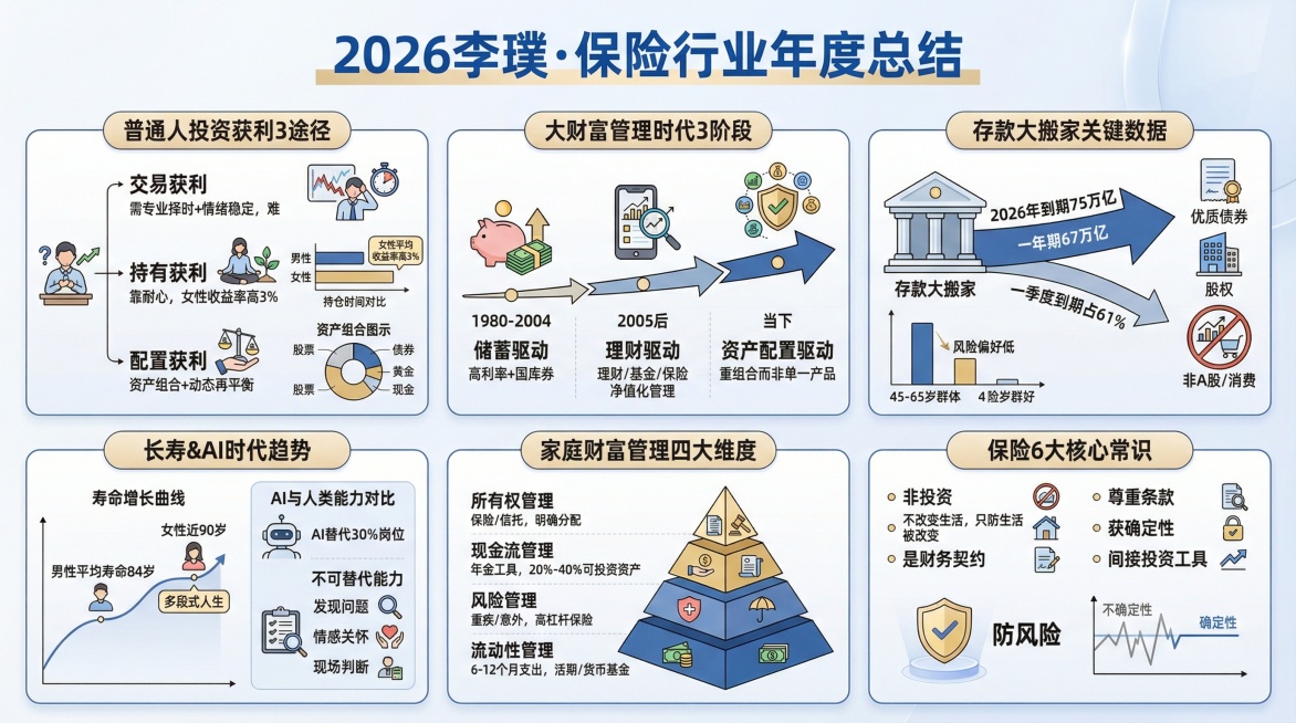 2026李璞·保险行业年度总结


普通人投资获利3途径
核心信息：交易获利（需专业择时+情绪稳定，难）；持有获利（靠耐心，女性收益率高3%）；配置获利（资产组合+动态再平衡）
可视化元素：交易/持有预览效果