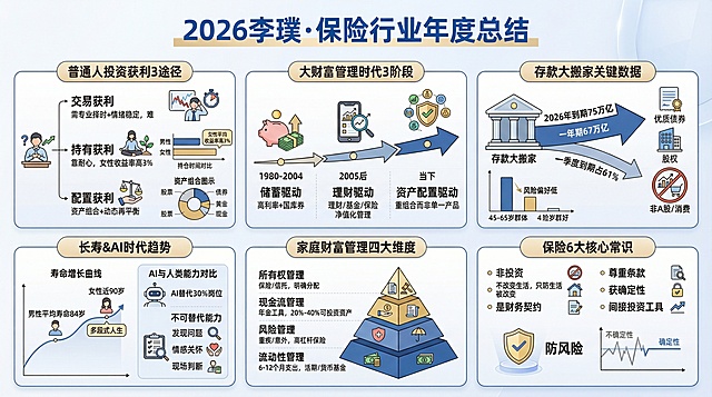 2026李璞·保险行业年度总结


普通人投资获利3途径
核心信息：交易获利（需专业择时+情绪稳定，难）；持有获利（靠耐心，女性收益率高3%）；配置获利（资产组合+动态再平衡）
可视化元素：交易/持有/配置三个分支图标、男女持仓时间对比条、资产组合图示

 大财富管理时代3阶段
核心信息：1.0储蓄驱动（1980-2004，高利率+国库券）；2.0理财驱动（2005后，理财/基金/保险，净值化管理）；3.0资产配置驱动（当下，重组合而非单一产品）
可视化元素：三阶段时间轴、储蓄/理财/配置对应图标

 存款大搬家关键数据
核心信息：2026年到期75万亿（一年期67万亿）；一季度到期占61%；资金流向优质债券/股权，非A股/消费（45-65岁群体风险偏好低）
可视化元素：资金流箭头、年龄分布柱状图、债券/股权图标

长寿&AI时代趋势
核心信息：男性平均寿命84岁/女性近90岁，多段式人生；AI替代30%岗位，不可替代能力（发现问题/情感关怀/现场判断）
可视化元素：寿命增长曲线、AI机器人与人类能力对比框

家庭财富管理四大维度
核心信息：流动性管理（6-12个月支出，活期/货币基金）；风险管理（重疾/意外，高杠杆保险）；现金流管理（年金工具，20%-40%可投资资产）；所有权管理（保险/信托，明确分配）
可视化元素：四层金字塔结构，每层对应工具图标

保险6大核心常识
核心信息：非投资；不改变生活，只防生活被改变；是财务契约；尊重条款；获确定性；间接投资工具
可视化元素：保险合同图标、“防风险”盾牌符号、确定性vs不确定性对比标识