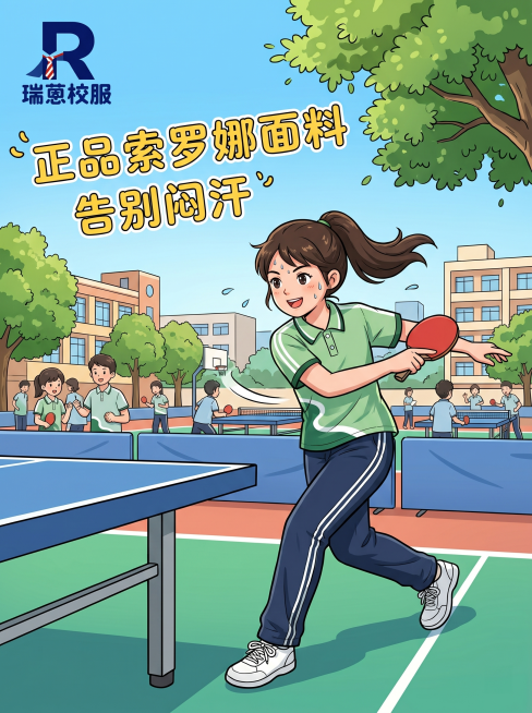 卡通风格，穿着瑞蒽校服的女孩正在中远台拉弧圈球打乒乓球，左上角加上瑞蒽R LOGO，配文字"正品索罗娜面料 告别闷汗"，校园乒乓球场背景，文字简洁卡通，风格活泼清新。预览效果