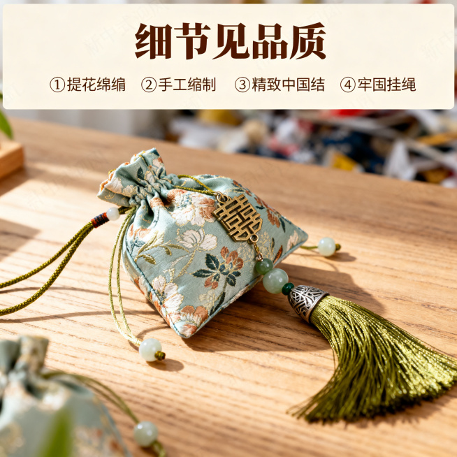 [主图 2] 国风锦缎香囊核心细节展示。[氛围风格] 温馨新中式国风，清新雅致氛围感。[画质] 商业摄影质感、光线柔和通透、产品清晰真实、画面干净高级。[元素] 香囊放置在原木桌面上，45度斜放展示，预览效果