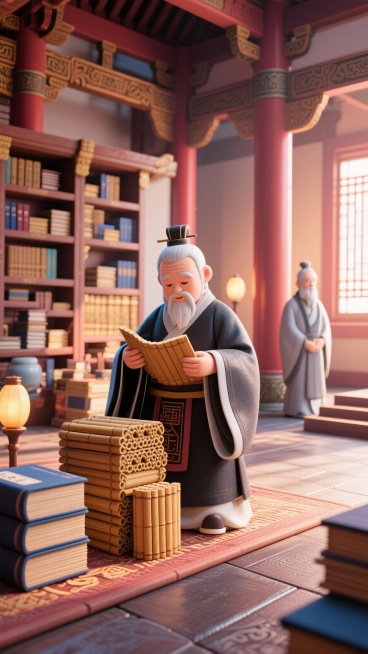 周朝典籍库内，身着周朝深衣官服的老子低头翻阅竹简，竹简堆叠整齐，室内光线柔和书卷气浓厚；旁景：周武王宫殿立柱旁，老子肃立，神情庄重，宫殿梁柱古朴有纹饰预览效果