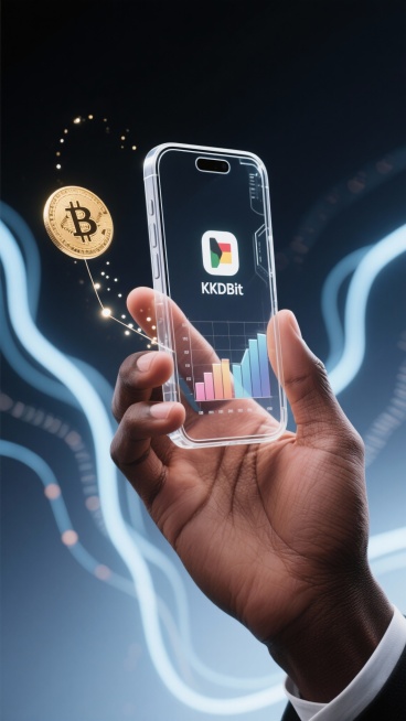 Congolese professional holding a futuristic transparent smartphone displaying the KKDBit app. Floati预览效果