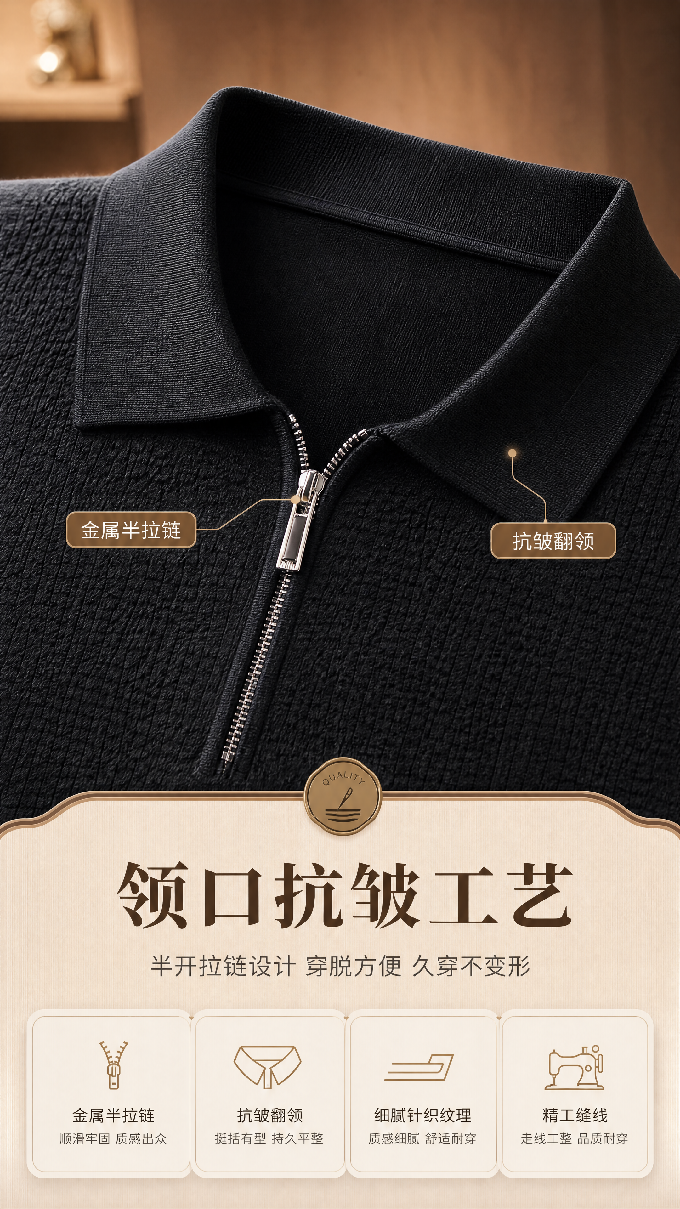 [商品] 使用【图1】黑色男士半拉链翻领针织衫领口特写；保留翻… - 图片创意预览