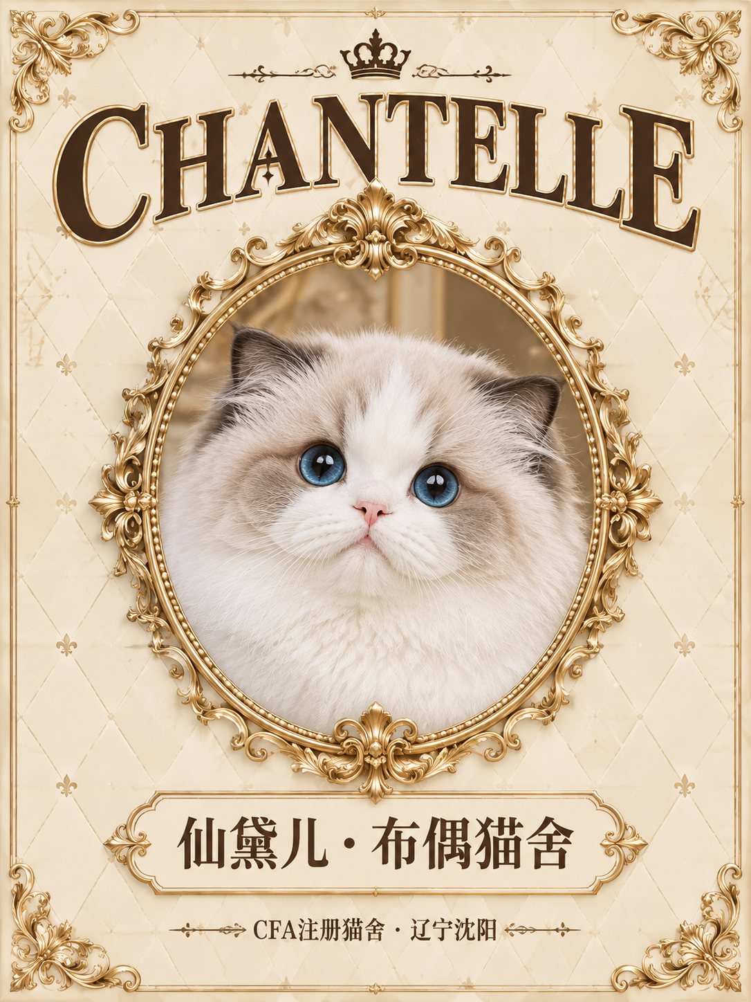 欧式复古轻奢风格猫舍封面图，竖版3:4比例。米金色菱格纹理背景… - 图片创意预览