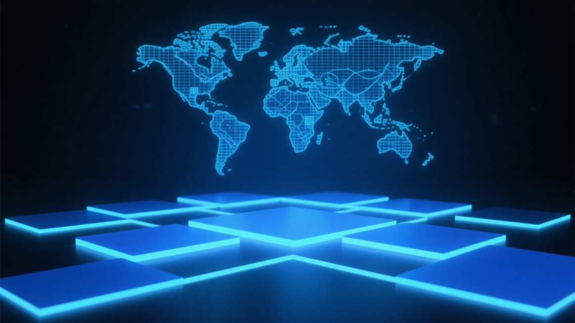 深蓝色调的科技感背景，以发光的蓝色网格线条勾勒出抽象的世界地图轮廓，前景是由多个明亮的蓝色矩形光块组成的交错平台，带有平滑的渐变光影效果，整体呈现出深邃而现代的数字科技氛围，适合作为新闻场景的背景素材使用，干净简洁且符合现实逻辑的科技感设计，画面中无任何文字、LOGO、二维码及具体数据信息。预览效果