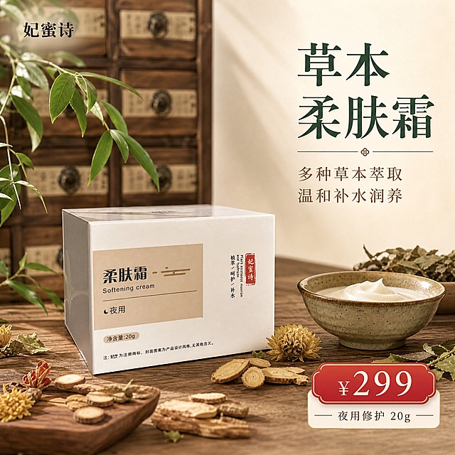 [主图-1] 草本柔肤霜首图，突出产品与中药草本主题，小红书氛围感封面。
[统一基调] 中药草本国风视觉，背景主色为温润米杏色+深棕木纹点缀，标题字色为深墨绿，辅助字色为暖棕色，强调色为朱砂红（价格标签），字体为干净的宋体细衬线体，字号层级分明，卡片用浅米色圆角细边框样式，整体温润雅致有东方草本感。
[画面] 产品妃蜜诗柔肤霜白色方盒居中偏左，占画面约55%，正面朝向观众略偏右30度角，盒身文字和外观与原图一致。背景为中式中药铺风格：深棕色木质药柜抽屉虚化在后方，桌面上散落少量干草药、干菊花、甘草片、桑叶等草本植物，旁边放一个古朴陶瓷小碗，碗里盛着乳霜质地的膏体。左侧有几枝新鲜绿植叶片自然垂落。整体是高级静物摄影感，产品自然放置在木质台面上，有真实接触阴影。
[光影质感] 柔和自然光从左上方打下来，形成温润的明暗过渡，产品盒面有细腻反光，木质台面有柔和倒影，整体通透有质感，商业摄影级光影。
[配色] 米杏色主背景+深棕木色+墨绿文字+草本绿色点缀+朱砂红价格标签，整体暖调温润。
[文字版式] 左上角放品牌名「妃蜜诗」小号宋体。右侧上方大标题竖排或横排：「草本柔肤霜」大字，下方副标题：「多种草本萃取 温和补水润养」。右下角醒目价格标签：朱砂红底白字「¥299」，下方小字「夜用修护 20g」。文字均放在负空间，不遮挡产品主体。
[输出要求] 比例1:1，文字清晰可读，产品清晰不变形，无错字，无水印，无平台logo，无杂乱元素，画面干净有质感。