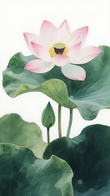 水彩风格的夏日池塘自然景观，一朵盛开的粉白渐变荷花位于画面中心偏上位置，花瓣边缘柔和渐变，花蕊呈黄色并带有深色莲蓬，下方有一片半开的绿色花苞，周围环绕多片层次分明的深绿色荷叶，叶片上有自然的叶脉纹理和微妙的光影变化，整体色彩以粉白、翠绿、深绿为主色调，采用透明晕染的水彩笔触质感，画面留白50%，背景为纯净的白色以突出主体，营造出宁静雅致的氛围，写实摄影般清晰呈现荷花与荷叶的自然形态和细节，构图……预览效果