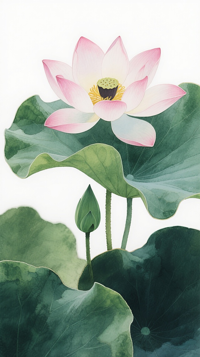 水彩风格的夏日池塘自然景观，一朵盛开的粉白渐变荷花位于画面中心偏上位置，花瓣边缘柔和渐变，花蕊呈黄色并带有深色莲蓬，下方有一片半开的绿色花苞，周围环绕多片层次分明的深绿色荷叶，叶片上有自然的叶脉纹理和微妙的光影变化，整体色彩以粉白、翠绿、深绿为主色调，采用透明晕染的水彩笔触质感，画面留白50%，背景为纯净的白色以突出主体，营造出宁静雅致的氛围，写实摄影般清晰呈现荷花与荷叶的自然形态和细节，构图简洁平衡，视觉焦点集中在荷花主体上。