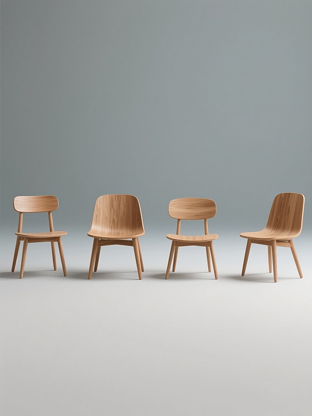 一套4个规整排布的现代简约风格原木色实木椅子素材，每个椅子形态各异（保持整体简约设计语言），高光柔和，阴影细腻自然，展现木材清晰纹理与温润质感，统一使用纯净的纯色背景，无任何文字、logo及水印。