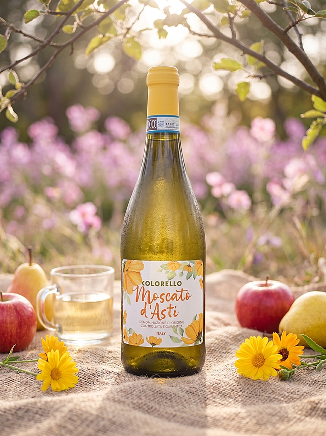 一张专业商品摄影照片，主体是一瓶Colorello Moscato d'Asti莫斯卡托起泡酒，单瓶居中放置在户外野餐场景中。瓶子特征必须准确：绿色玻璃瓶身呈淡黄绿色透明质感，瓶肩圆润过渡到纤细颈部形成优美收腰曲线，顶部是醒目的亮黄色螺旋盖，瓶颈处有一圈蓝白色意大利税标纸带。白色矩形标签上文字必须完整呈现四层结构——上层深绿色大写"COLORELLO"、中层最大号的橙红色手写体"Moscato d'Asti"、其下棕色小字分两行"DENOMINAZIONE DI ORIGINE CONTROLLATA E GARANTITA"、最底层橙红色小字"ITALY"；标签四角和边缘环绕橙黄色万寿菊手绘花卉图案配绿叶点缀。布光采用大面积逆光/顶逆光，光源来自正上方偏后，光线穿过树叶间隙在画面各处形成斑驳光点，整张图曝光偏向高调明亮，几乎没有硬阴影，色温清新约6000K营造梦幻氛围。瓶身轮廓被逆光勾勒出明亮的边缘光，瓶身呈现半透明的晶莹质感，瓶表面布满细密冷凝水珠暗示冰镇状态。酒瓶周围环绕式摆放：原色粗麻布野餐垫作为基底，左侧1颗红苹果+1颗黄梨+1只透明玻璃马克杯内有浅黄色液体，右侧1颗红苹果+1颗黄梨，散落2-3朵新鲜黄色万寿菊花朵（与标签花卉图案色彩呼应）。背景从顶部垂落的枝条（垂柳或类似）形成天然画框将视线引向中心产品，远处粉紫色花丛和草坪完全虚化成柔和圆形散景光斑。使用超大光圈f/2.0-f/2.8制造极浅景深，焦点锁定瓶身标签区域，前景麻布边缘开始模糊，背景完全融化成奶油般虚化。拍摄角度略微俯视15-20厘米，3:4竖幅构图。后期风格增加朦胧柔光感、轻微降低对比度、提升品红色和绿色分离度。整体氛围空灵梦幻如春日午后野餐。