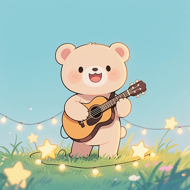 卡通熊弹吉他，清新插画风，拟人化设计，营造可爱温馨氛围。