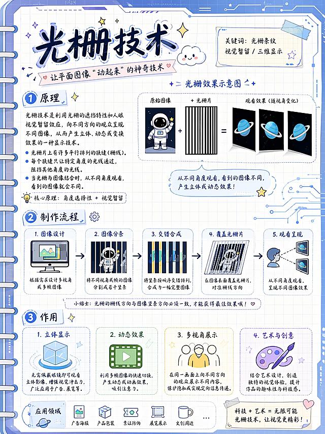 手账风格结合科技风图片，光栅技术说明页面，包含完整文字介绍光栅的原理、制作流程和作用，搭配光栅的示意图，整体排版清新可爱，有科技感点缀，适合手账使用，文字清晰可辨