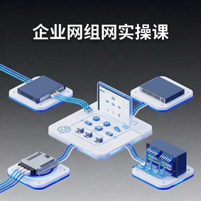 按原图风格生成新图：主标题改为"企业网组网实操课"，保留原图1:1比例、蓝白3D科技风格、深灰渐变背景、等距悬浮设备布局，替换为企业网组网相关元素：路由器、交换机、光纤配线架、网络拓扑控制台，整体保持预览效果
